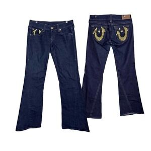 True Religion Wide Flare Women Jeans Twisted Gold Back Flap Pockets 31 Tall Read